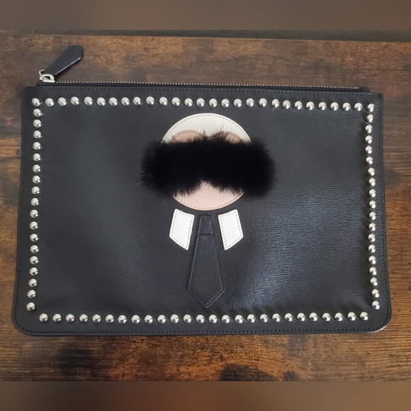 Fendi Black Leather Mink-Trimmed Silver Studded Karlito Pouch